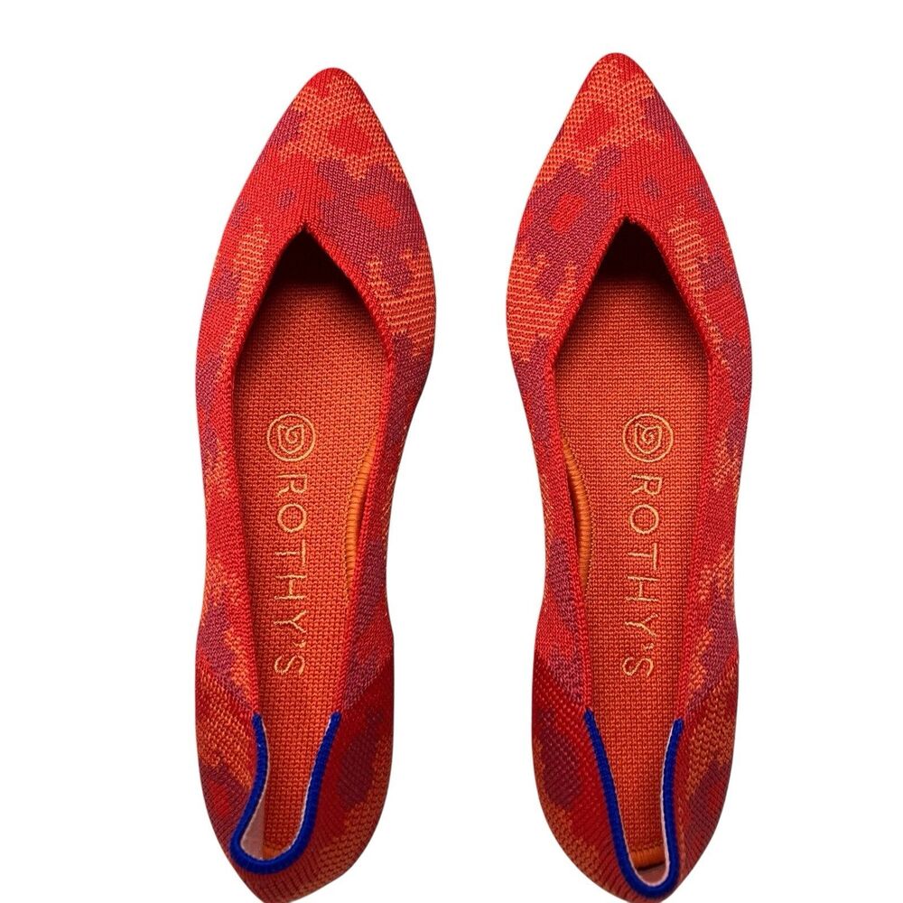 Rothys Point Flats Red Orange Pointed Toe‎ Knit Slip On Abstract Spring Womens 5